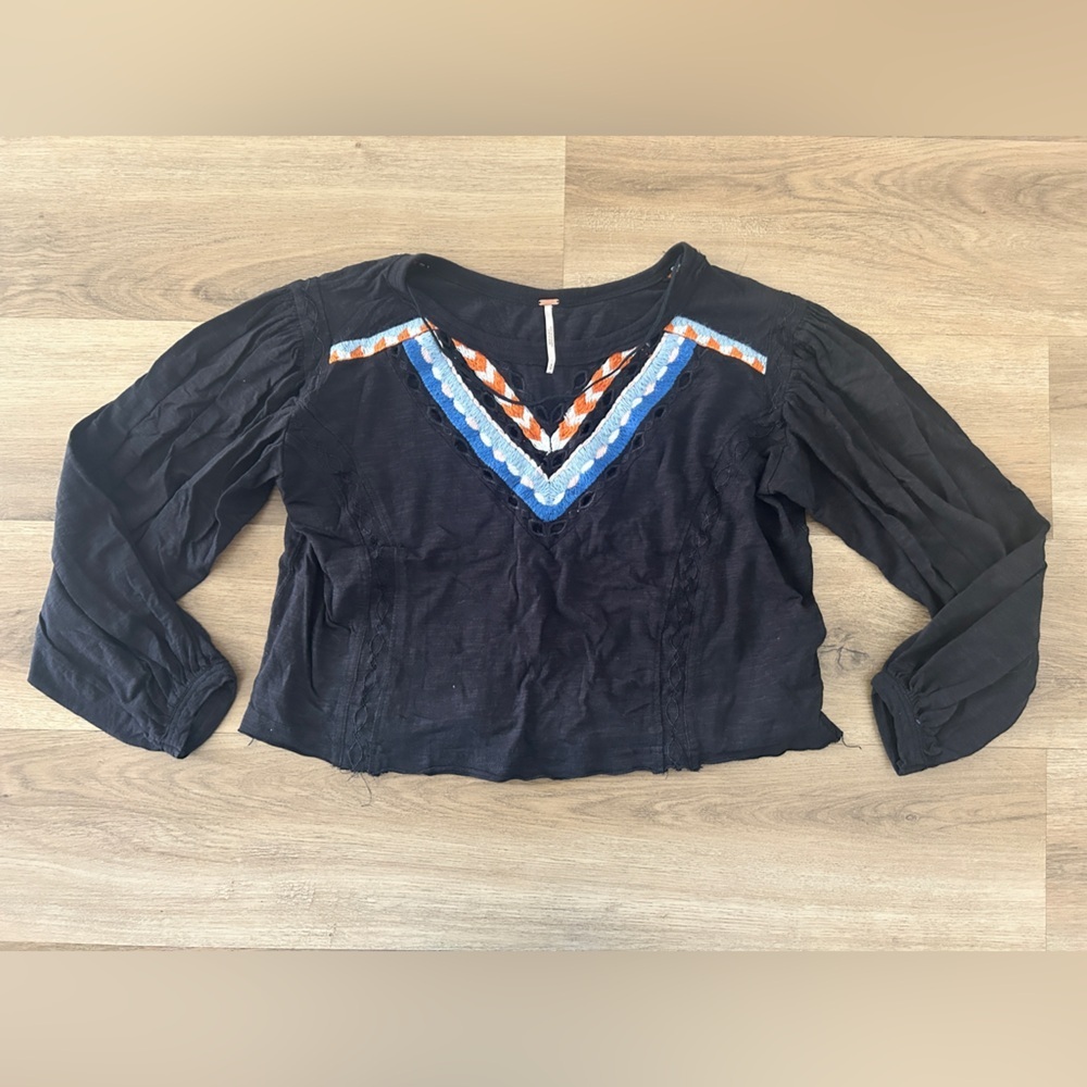 Free People Embroidered Boho Long Sleeve Top | Size S- EUC